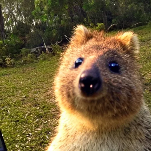 Image similar to happy quokka taking a selfie and smoking a joint, golden hour, ultra realistic