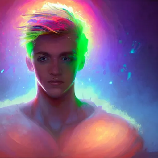Prompt: bust of a light haired young man with a scar across his left eye has an epic idea, rainbowpunk, scandalpunk, high detail, concept art, neon color, vivid color, floating particles, glowing green eyes, spiral smoke, background by john harris + andreas rocha, artwork by charlie bowater + artgerm + anato finnstark + ross tran