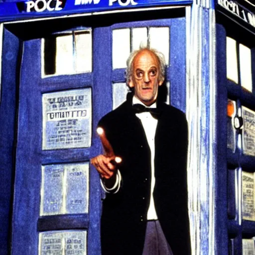 Image similar to christopher lloyd as doctor who in front of tardis, directed by james cameron, 1 9 9 9