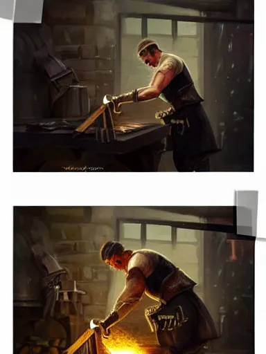 Image similar to a blacksmith striking a hammer in its anvil. working at his forge. intricate, elegant, highly detailed, digital painting, artstation, cinematic shot, concept art, sharp focus, illustration, by justin gerard and artgerm 8 k