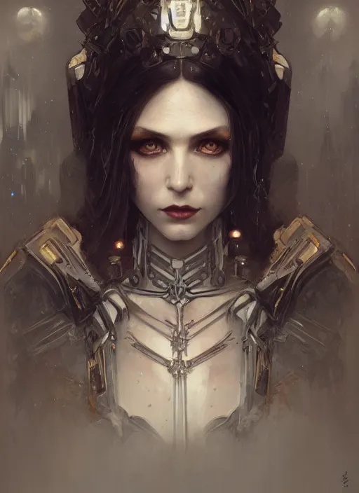 Image similar to portrait of beautiful pale gothic maiden, warhammer 40000, cyberpunk, intricate, elegant, highly detailed, digital painting, artstation, concept art, smooth, sharp focus, illustration, art by artgerm and greg rutkowski and alphonse mucha and Gustav Klimt