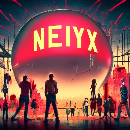 Prompt: a group of people around a giant giant mickey mouse head with blood, netflix logo, cyberpunk art by david lachapelle, cgsociety, dystopian art by industrial light and magic, concept art, neons, interior