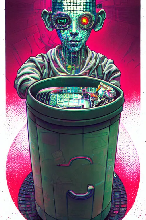 Image similar to full view, from a distance, of anthropomorphic trashcan from the novel neuromancer by william gibson, style of yoshii chie and hikari shimoda and martine johanna, highly detailed