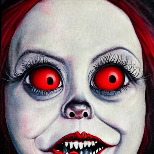 Prompt: grunge painting of billie eilish with a wide smile and a red balloon by chris leib, loony toons style, pennywise style, corpse bride style, horror theme, detailed, elegant, intricate