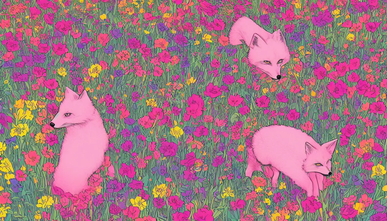 Image similar to pink fox head popping out of a field of multi colored flowers by Kilian Eng