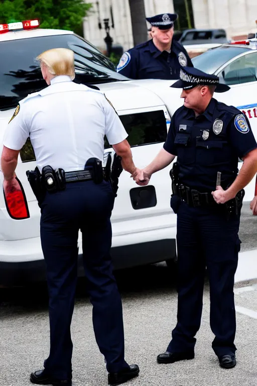 Image similar to donald trump being handcuffed by a police officer front of a police car, real life skin, intricate, high detailed, smooth, sharp focus