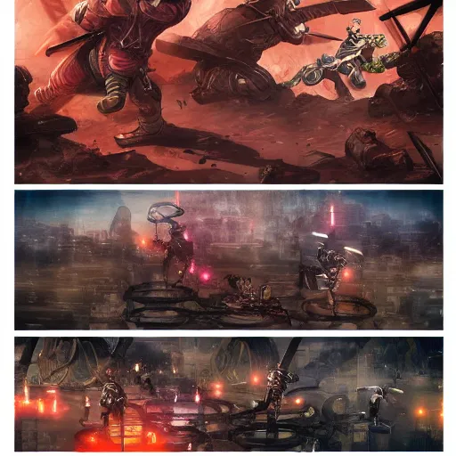 Prompt: combat ninja cyborgs combat in cybercity, golden hour, art by petros afshar and carl barks and hieronymus bosch and santiago caruso, highly detailed