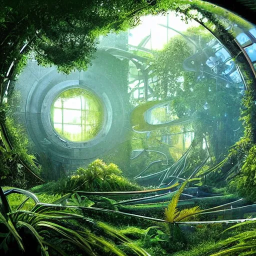 Image similar to overgrown derelict portal in a middle of a lush futuristic forest, green lush world seen only through a portal, daylight, cinematic lighting, blue sky, syd mead, john harris