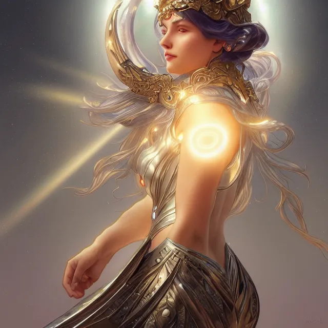 Prompt: close up portrait of a beautiful fantasy female goddess wearing shiny silver armor, glowing hair, glowing light armor, subsurface scattering, ethereal, artistic, temple background with light rays, fantasy atmosphere. art by artgerm, greg rutkowski and alphonse mucha, 3 d artstation octane render,