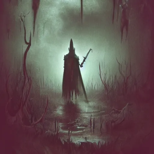 Prompt: a ghostly knight in a swamp in the style of seb mckinnon fantasy art