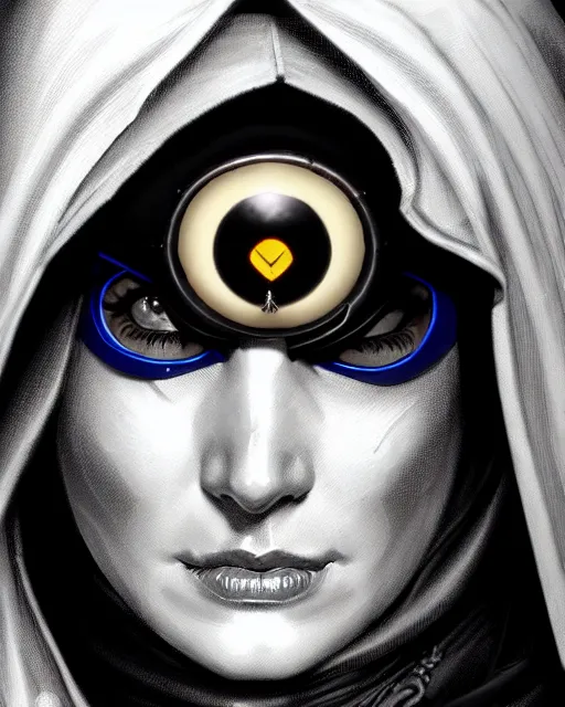 Prompt: ana from overwatch, blue hooded cloak, eye patch, black eye patch over one eye, older woman, character portrait, portrait, close up, highly detailed, intricate detail, amazing detail, sharp focus, vintage fantasy art, vintage sci - fi art, radiant light, caustics, by boris vallejo