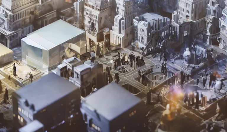 Prompt: crowd of people in simple white museum, looking at hologram of dense futuristic city on a table, cinematic concept art, godrays, golden hour, natural sunlight, 4 k, clear details, tabletop model buildings, center model buildings, hologram center, crane shot, crane shot, crane shot, white walls