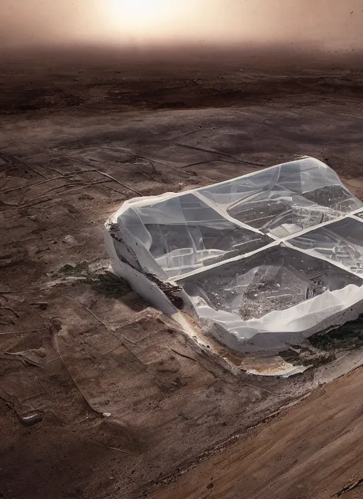 Image similar to bioremediation transparent white architecture, in the mining tailings of chuquicamata, epic, cinematic, hyperealistic, high detailed, corona render, hdr, ray tracing