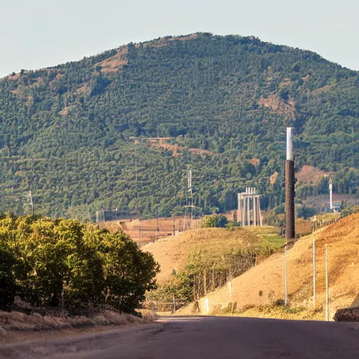 Image similar to a road next to warehouses, and a hill background with a radio tower on top, 3 0 0 mm telephoto lens