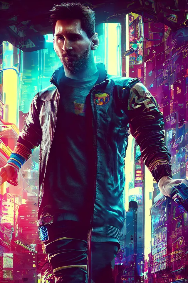 Image similar to Messi as a cyberpunk, cyberpunk 2077, realistic, 8K, detailed, film grain,