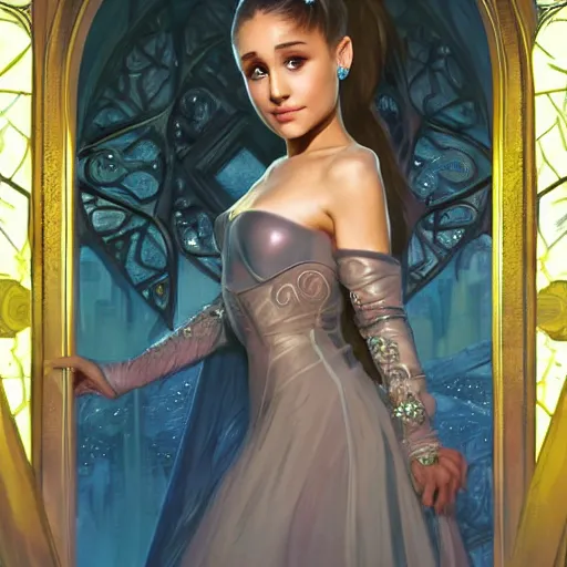 Image similar to portrait of ariana grande as a sorceress, looking at camera, d & d, intricate, elegant gown, stylish, cute smirk, fantasy, extremely detailed, digital painting, artstation, concept art, smooth, sharp focus, illustration, stunning lighting, art by artgerm and greg rutkowski and alphonse mucha and simon stalenhag.