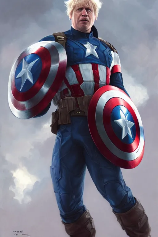 Image similar to Boris Johnson as Captain America, realistic portrait, symmetrical, highly detailed, digital painting, artstation, concept art, smooth, sharp focus, illustration, cinematic lighting, art by artgerm and greg rutkowski and alphonse mucha