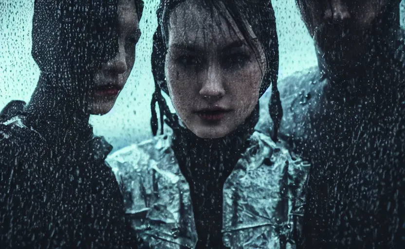 Image similar to cinestill 5 0 d candid photographic portrait by christopher nolan of two loving female androids wearing rugged black mesh techwear in treacherous waters, extreme closeup, modern cyberpunk moody emotional cinematic, pouring rain menacing alien ship lights, 8 k, hd, high resolution, 3 5 mm, f / 3 2, ultra realistic faces, ex machina