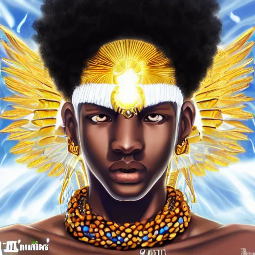 Prompt: Portrait of a Afro caribbean with angel wings, and a glowing halo, white lighting, digital art by Eiichiro Oda, highly detailed, trending on artstation, award winning,