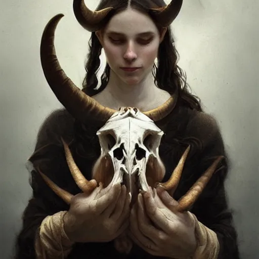 Image similar to woman with goat horns holding an animal skull, style of da vinci, fantasy illustration, by greg rutkowski