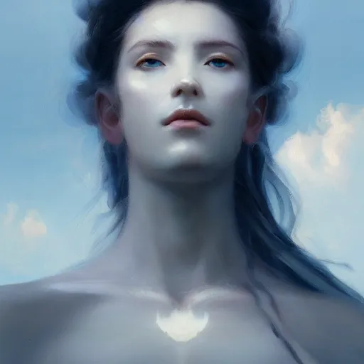 Prompt: a beautiful portrait of a cloud goddess with pure white pupils and clouds in the background by Greg Rutkowski and Raymond Swanland, Trending on Artstation