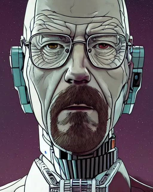 Image similar to portrait of walter white as a robot, cybernetic enhancements, art by makoto shinkai and alan bean, yukito kishiro