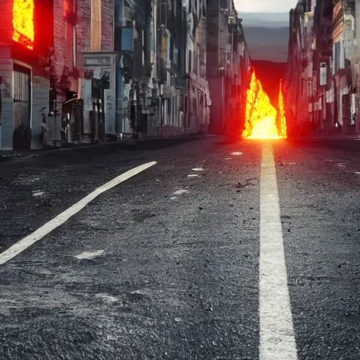 Image similar to lava coming out of cracks in the street, people running, cinematic, photorealistic