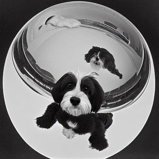 Prompt: self portrait of a havanese dog reflecting into a chrome sphere, 1 9 5 0 s, pen on paper, by mc escher