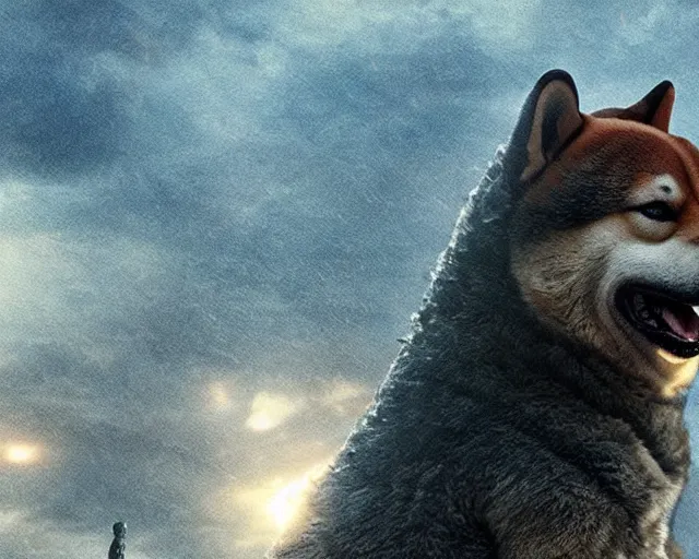 Prompt: godzilla as a shiba inu in a Godzilla: King of the Monsters still film directed by Christopher Nolan, shooting beams and toppling over cities, epic action scene