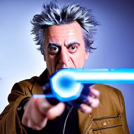 Image similar to Rick Sanchez as a real-life person, studio portrait, real-life-action movie star, holding a portal gun, opening a portal, Rick Sanchez