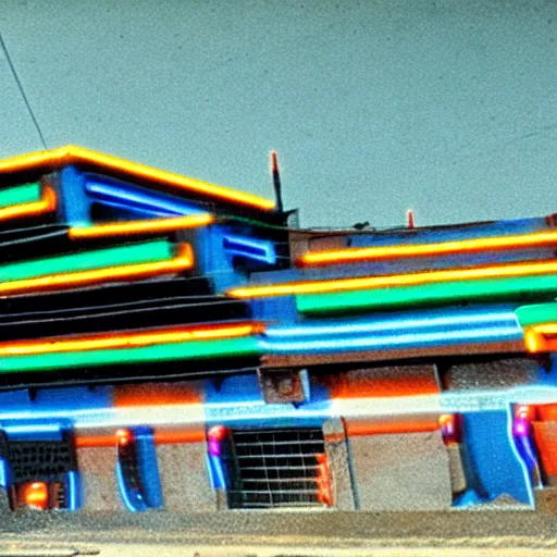 Image similar to cybernetic neon lit ndebele homestead seen from the front, street scene in blade runner