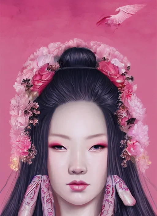 Prompt: a portrait of Boa Hancock as a real beautiful woman, wearing a traditional geisha dress, pink hearts in the background , romantic themed, beautiful face, intricate, highly detailed, digital painting, artstation, concept art, smooth, sharp focus, illustration, art by Charlie Bowater, matte painting