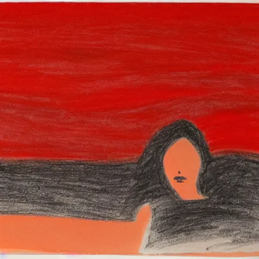 Prompt: abstract drawing of a red night sky with a woman silhouette in foreground