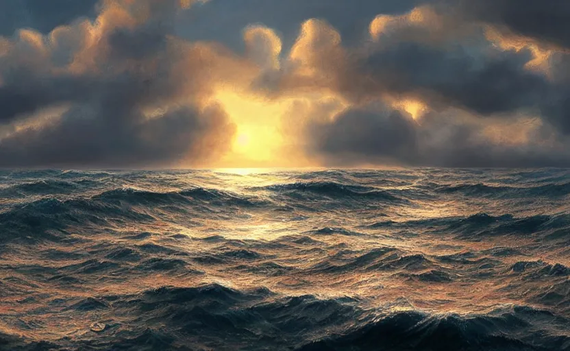 Prompt: Sun coming in the sea after a storm, beautiful landscape, digital painting, realistic, 4k, trending in ArtStation, beautiful and romantic, detailed water