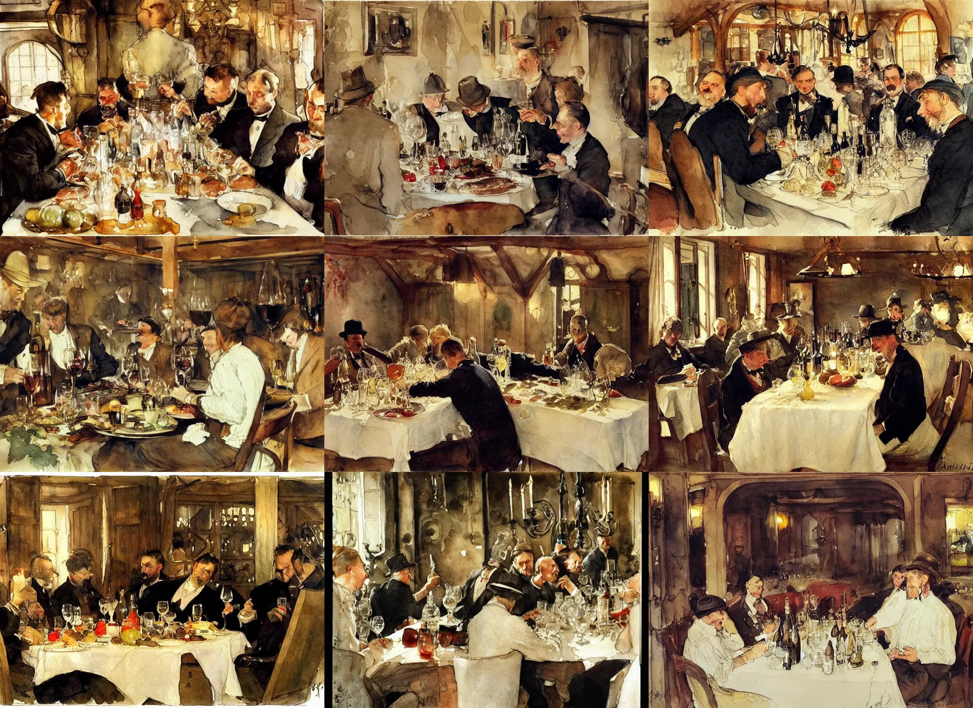 Prompt: gentlemens dinner, cellar, masterpiece, meat, wine, schnapps, watercolor by anders zorn and carl larsson, art nouveau