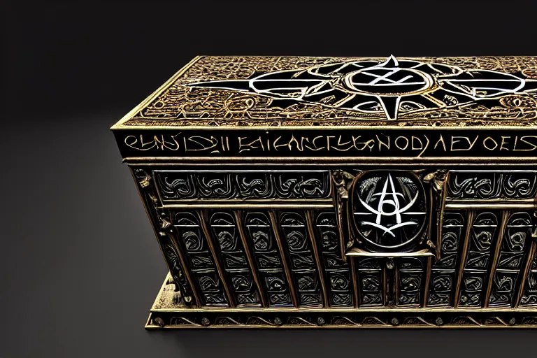 Image similar to an ancient ornate intricate old spell satanic coffin with the sigil symbol of evil emblazoned on the cover, cinematic, realistic, intricate detail, finely detailed, small details, extra detail, photorealistic, high resolution, 3 d, pbr, path tracing, volumetric lighting, octane render, arnold render, 8 k