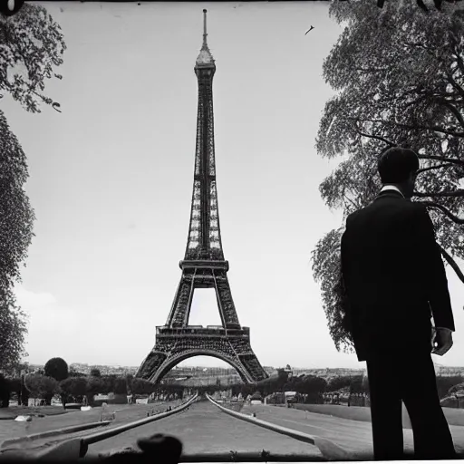 Prompt: Man in black suit standing in front of the eiffel tower over the body of a giant ant, foreground focus, black and white B&W, vintage photograph, Historical Archive