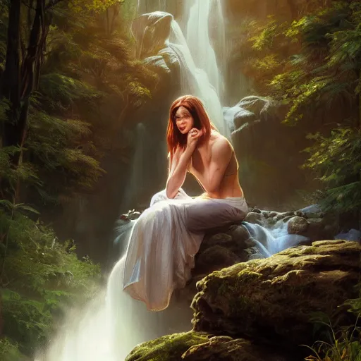 Prompt: maiden sitting on piano combined with waterfall, nature, realistic, cinematic lighting, highly detailed, digital painting, Artstation, illustration, art by Artgerm and Greg Rutkowski and Alphonse Mucha