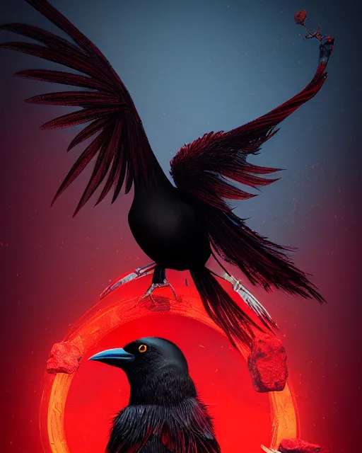 Prompt: beautiful digital fantasy illustration of a black bird with a red background, vanitas, wiccan, cowboy plague doctors, tarot card, angel sitting on a rock, abyssal warmth, octane render, detail texture, unreal engine, poster art by victo ngai, 8 k, photographic quality, ultra hyper realistic quality