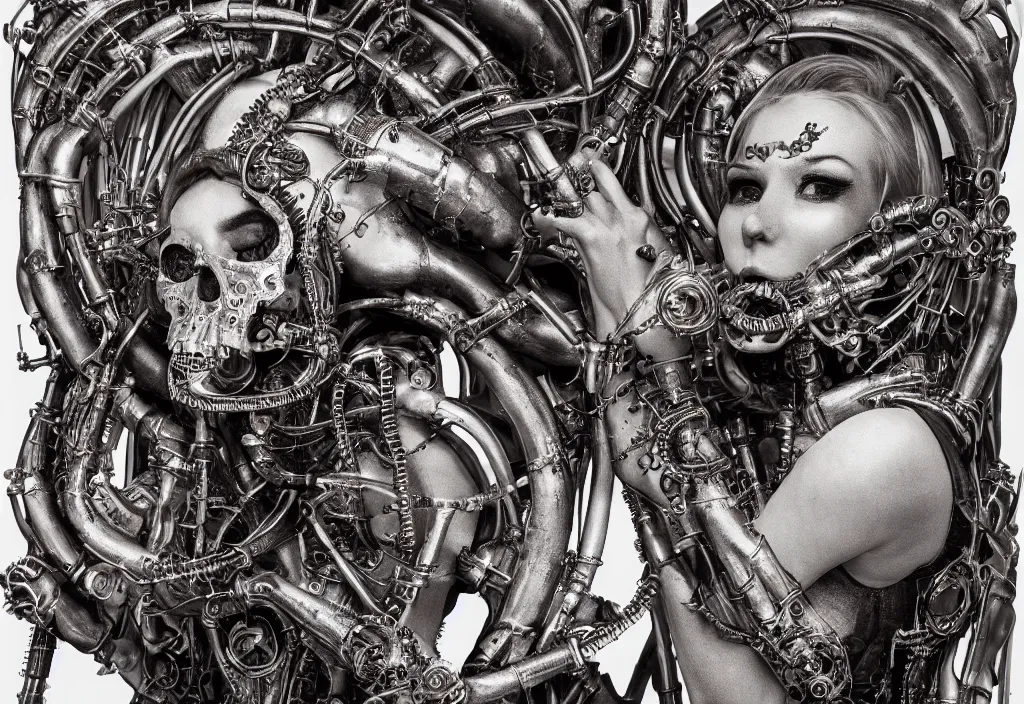 Image similar to full frame ossified metallic beautiful woman drinking from a steampunk organic skull, photo, dr. seuss, h. r. giger, full body shot, masterpiece, organic mechanical shapes, white biomechanical details, highly detailed,