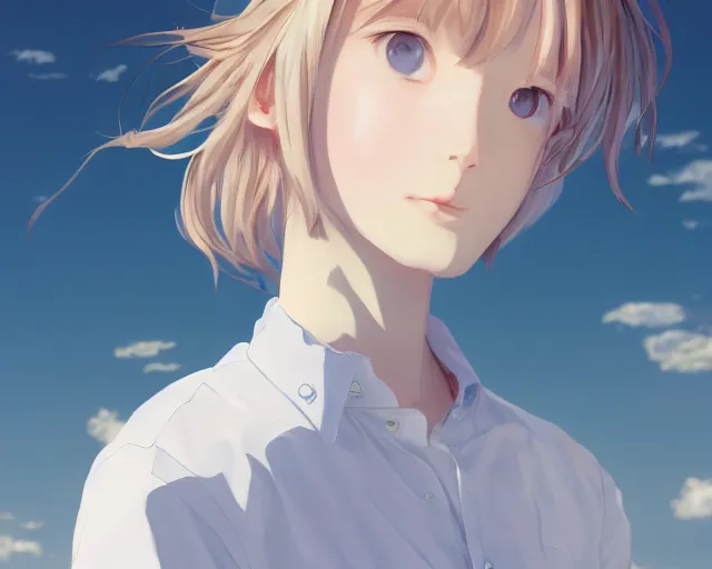 Image similar to teen looking at blue sky, wearing white shirt, back turned, looking up, illustration, by pine ( ハイネ ) and 薯 子 imoko and 香 川 悠 作 and wlop and maya takamura, highly detailed, trending artstation, pixiv, digital art