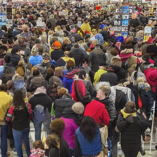 Image similar to the crowds at the black friday sales at walmart, intricate, highly detailed, sharp focus, art by michelangelo