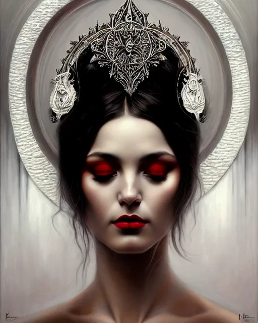 Image similar to portrait of a beautiful goddess, enigmatic beauty, dominant shades of black, silver, dark red, white, head in focus, fantasy art, ornamental aesthetics, intricate, elegant, highly detailed, hyperrealistic painting, artstation, concept art, painterly, sharp focus, illustration, art by karol bak