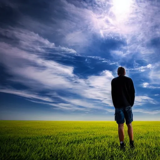 Image similar to a man standing in a open field with a rift in the sky, wide angle shot, hd, intricate detail