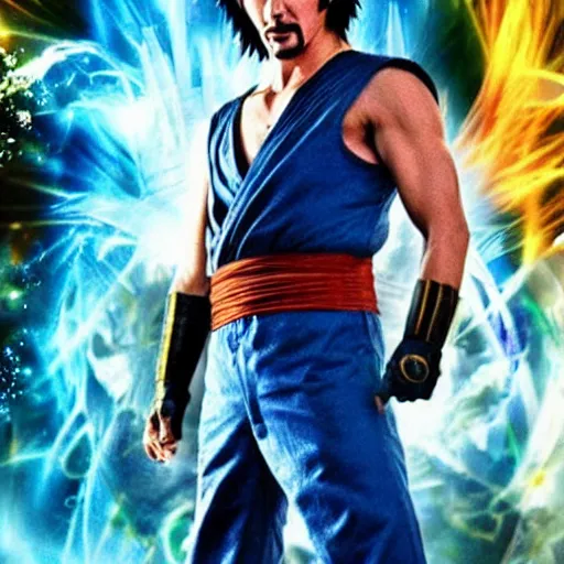 Image similar to keanu reeves portraying songoku in live action dragon ball movie