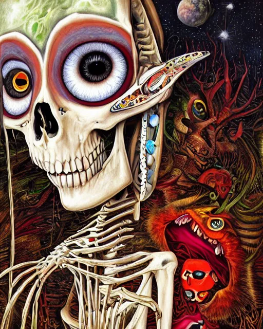 Prompt: a surrealistic head and shoulder painting of a gorgeous female skeleton with cat eyeballs and lipstick and hoodie, in the style of patrick woodroffe, digital art, detailed masterpiece