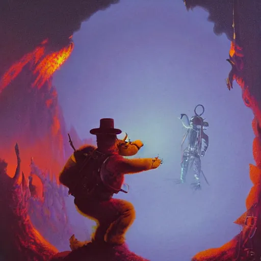 Image similar to freddy fazbear in hell by paul lehr and moebius