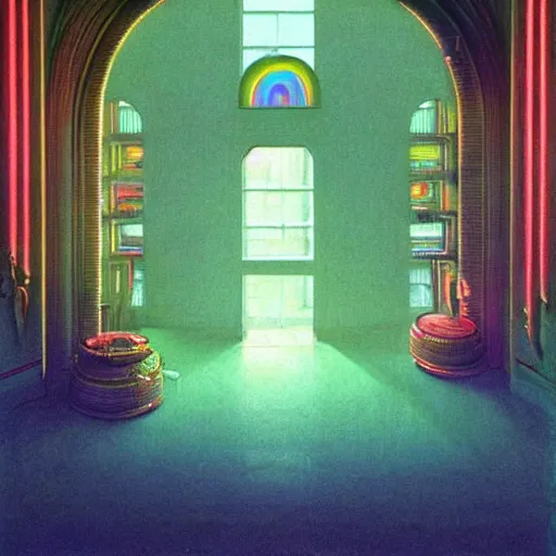 Image similar to 70s interior with arched windows, rainbow neon lighting, greenery, cyberpunk, hyper realistic, dramatic, fantasy, by Moebius, by zdzisław beksiński, Fantasy LUT, epic composition,