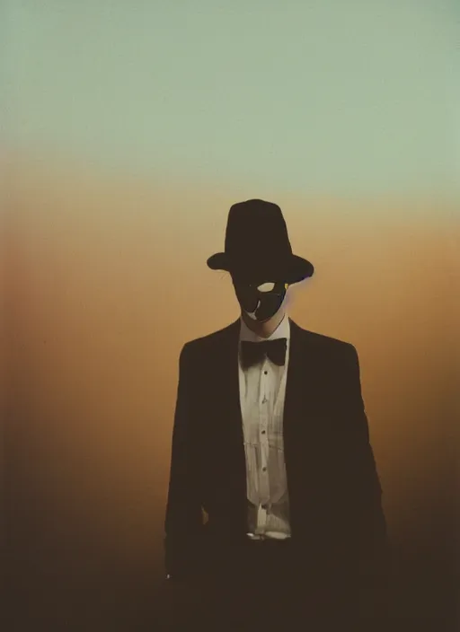 Prompt: mysterious man in suit and hat covered in smoke, standing in the middle of a big metropolis, sunset, polaroid photo