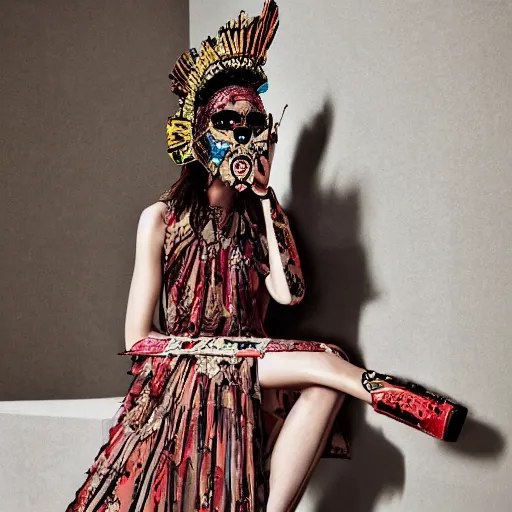 Image similar to valentino resort ss 2 0 1 7 dress with ornate mask headpiece, model lounging by cybernetic ancient ruins